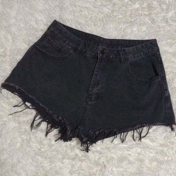 Flame Pocket Detail Black Denim High Rise Black Raw Hem Jean Shorts - Picture 6 of 12